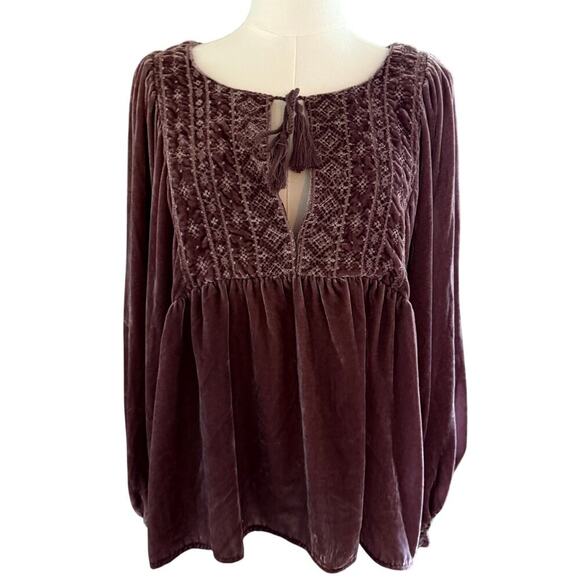 Lucky Brand Rose Taupe Velvet Long Sleeve Embroidered Top Women M Boho Peasant - Picture 1 of 7